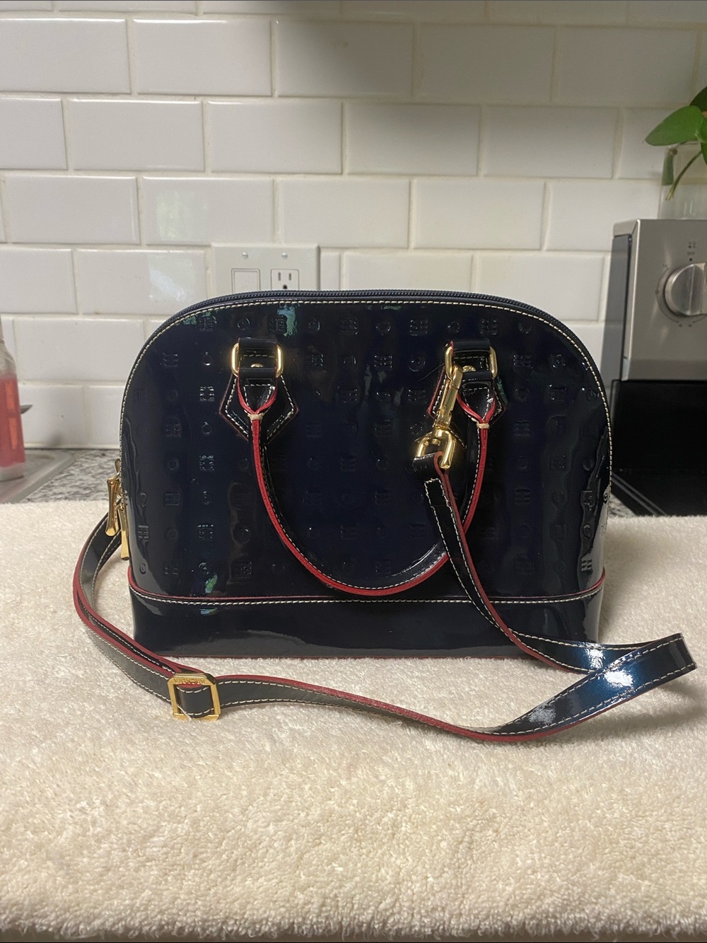 Arcadia Navy Patent Dome Shoulder bag with Red Trim